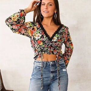 Buckle Willow root floral mesh top with ties to wear as a crop top / corset